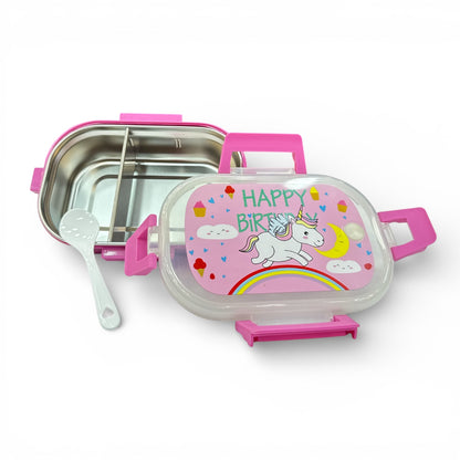 Unicorn Happy Birthday lunchbox with lid open, showing metal inner tray and latches