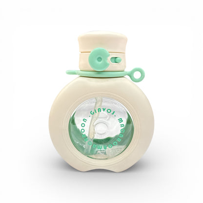 Cream round water bottle with mint green lid and handle, clear front window.