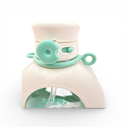 Cream round water bottle with mint green lid ring and side handle, close-up front.