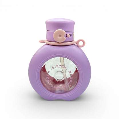 Purple round water bottle with beige lid insert and side handle, clear front window.