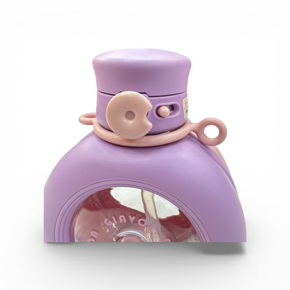 Purple round water bottle with beige lid insert and side handle, close-up front.