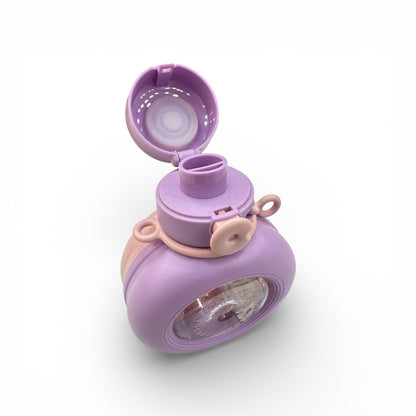 Purple water bottle with open lid and beige handle, showing top drinking opening.