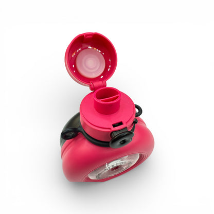 Pink water bottle with open lid and black side handles, showing drinking spout.