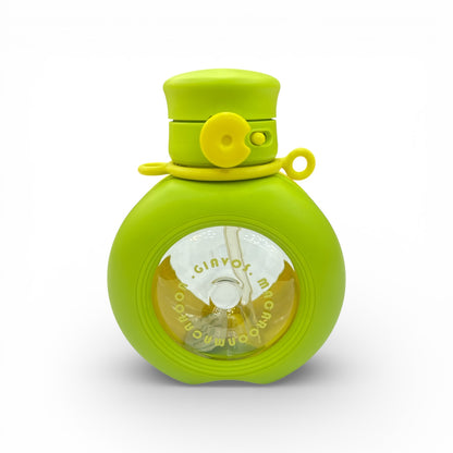 Neon green round water bottle with yellow lid and side handle, clear front window.