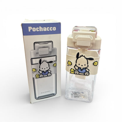 Flip-top water bottle with Pochacco character graphic and beige carrying strap