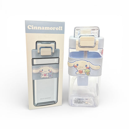Flip-top water bottle with Cinnamoroll character graphic and beige carrying strap