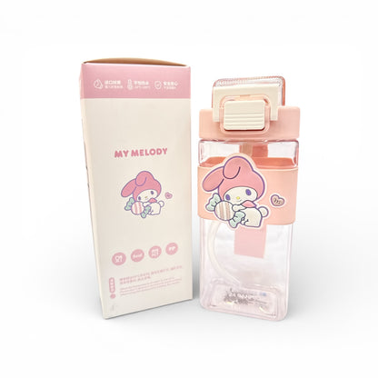 Flip-top water bottle with My Melody character graphic and pink carrying strap