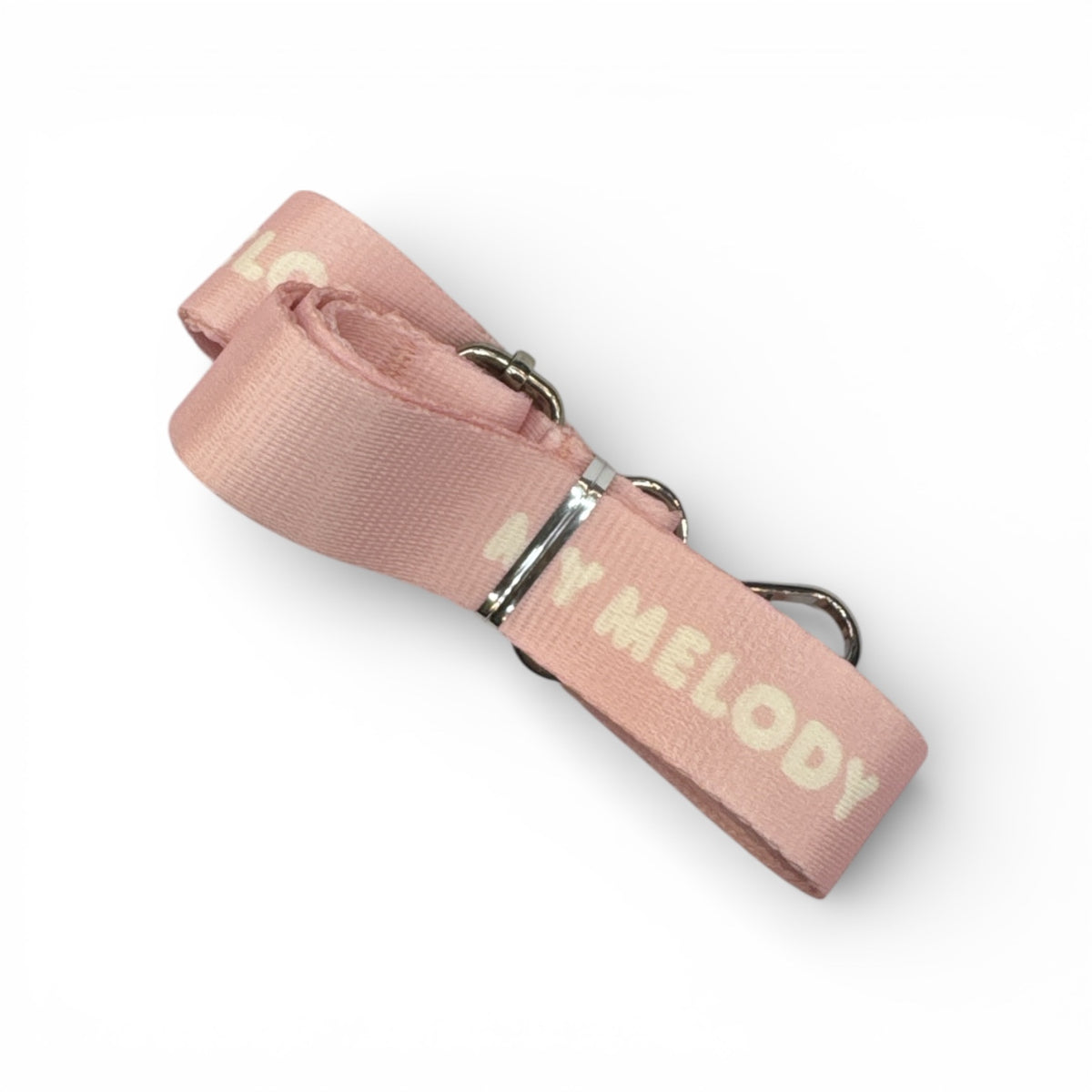 Pink fabric bottle strap with My Melody text and metal keyring clips