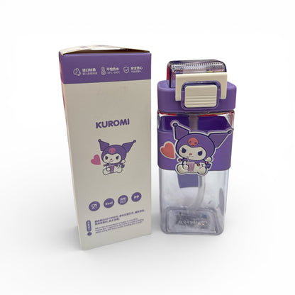 Flip-top water bottle with Kuromi character graphic and light purple carrying strap