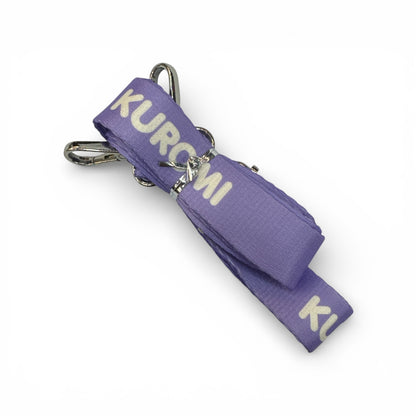 Purple fabric bottle strap with Kuromi text and metal keyring clips