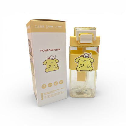 Flip-top water bottle with Pom Pom Purin character graphic and beige carrying strap