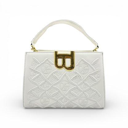 White embossed luxury handbag with gold B-lock frame clasp and top handles