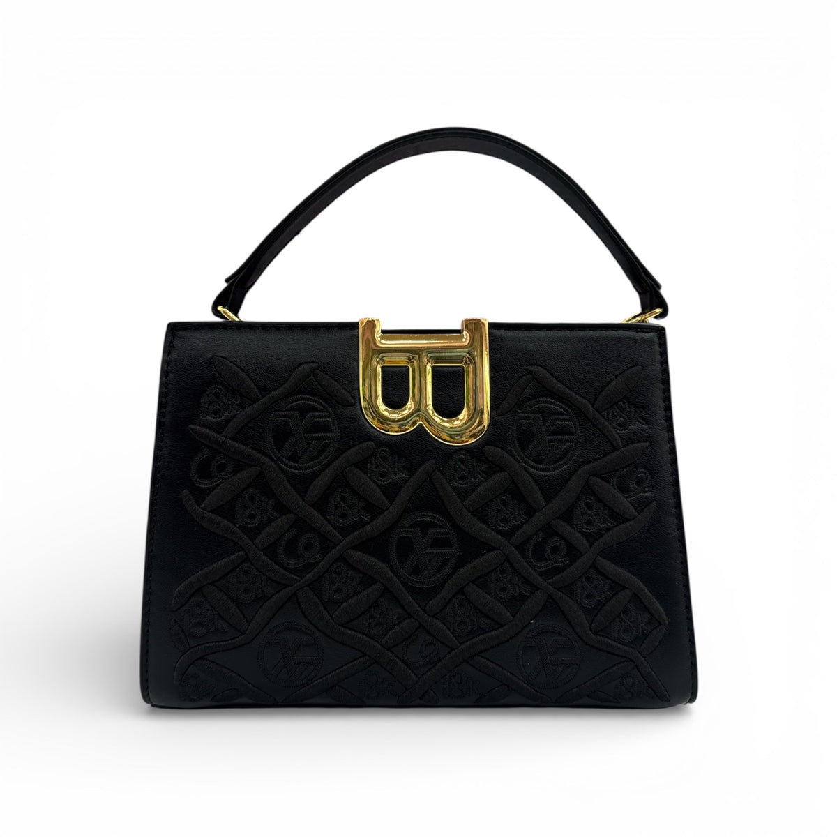 Black embossed luxury handbag with gold B-lock frame clasp and top handles