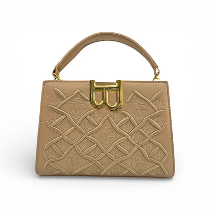 Beige embossed luxury handbag with gold B-lock frame clasp and top handles
