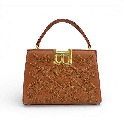Brown embossed luxury handbag with gold B-lock frame clasp and top handles