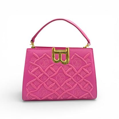 Pink embossed luxury handbag with gold B-lock frame clasp and top handles