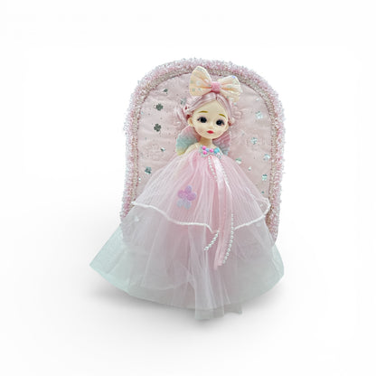 Princess doll backpack with large bow and tulle skirt, domed plush shape