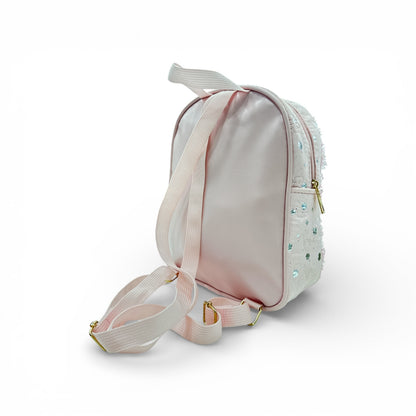Pastel princess doll backpack with long adjustable strap and side zipper detail