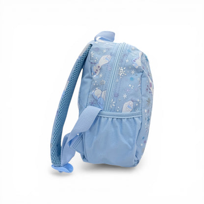 Light blue character backpack with patterned back panel and adjustable straps