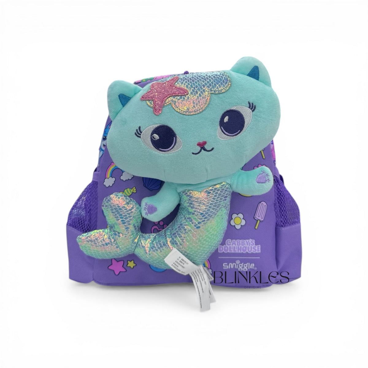 Purple kids backpack with blue mermaid cat plush and front character patch