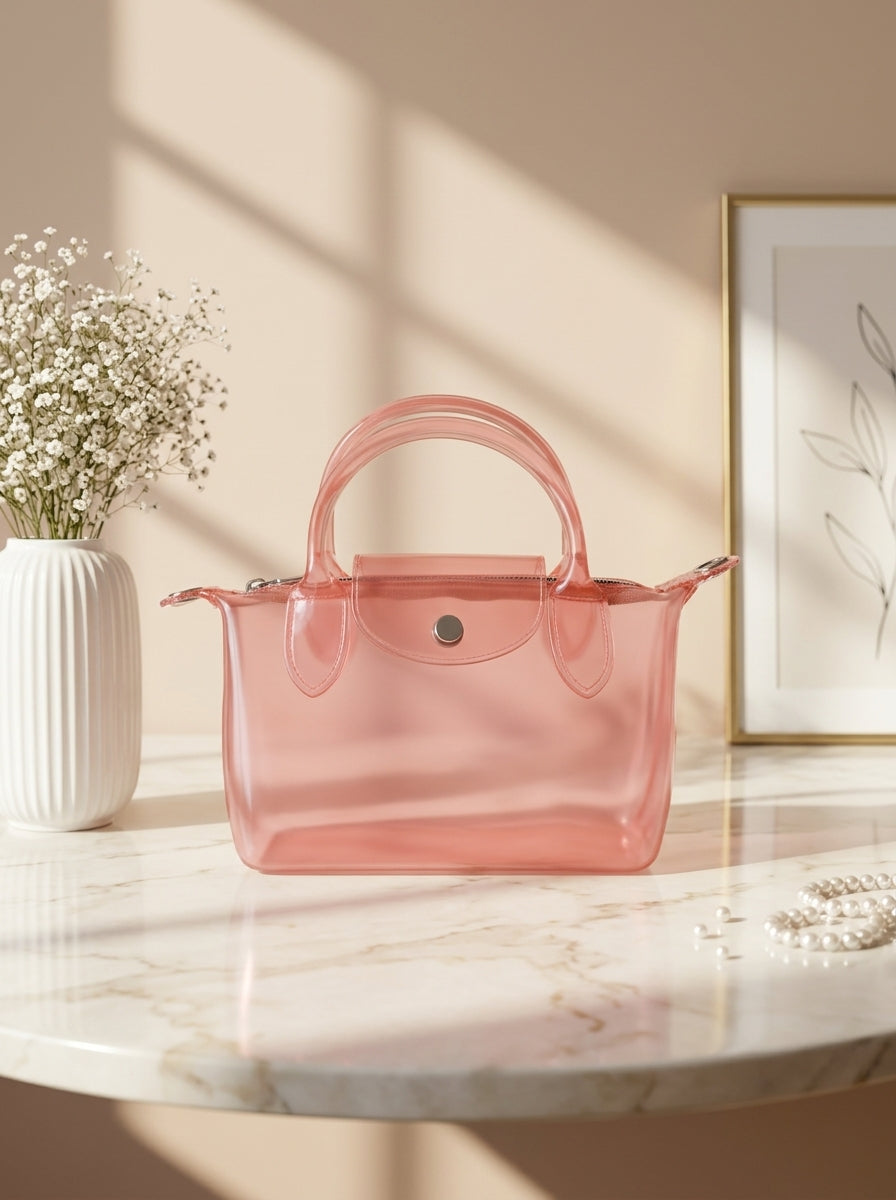 Peach transparent jelly tote bag with double top handles and front snap pocket