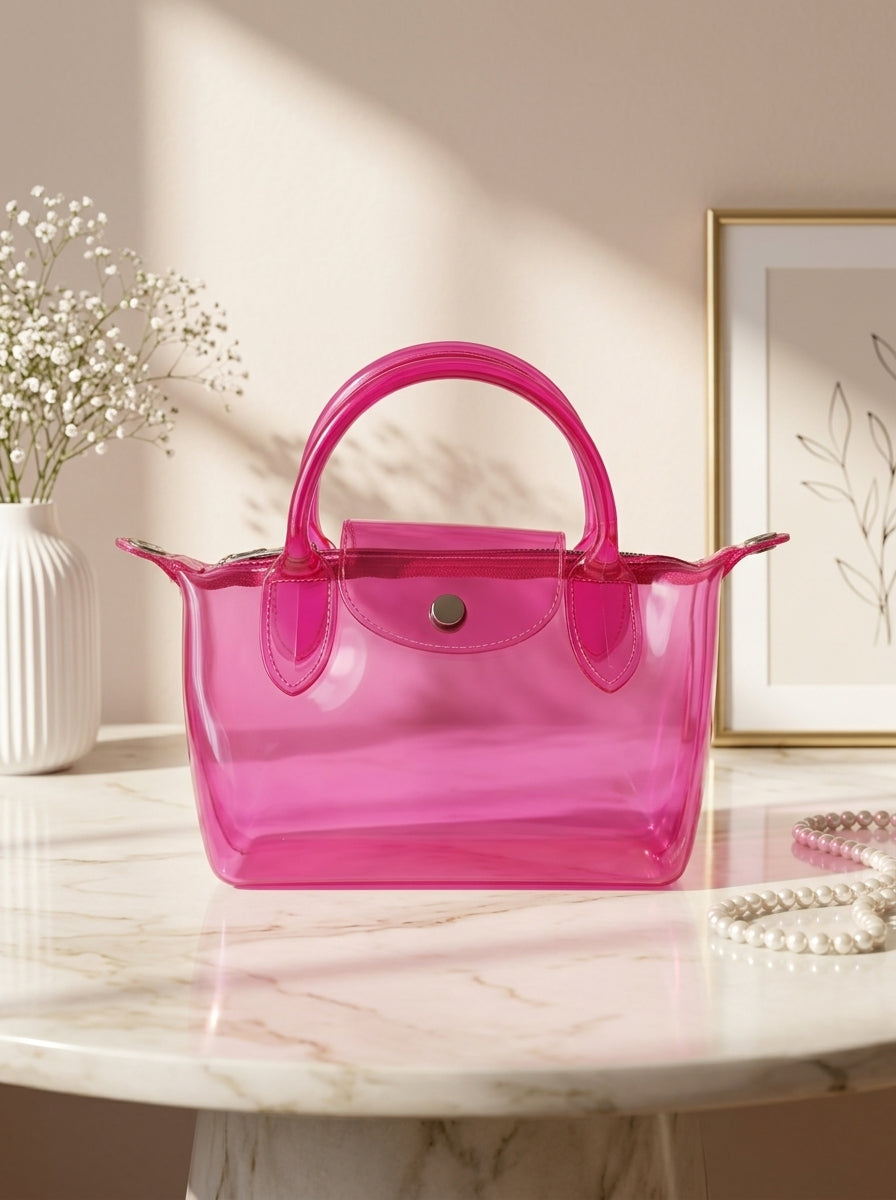 Fuchsia transparent jelly tote bag with double top handles and front snap pocket