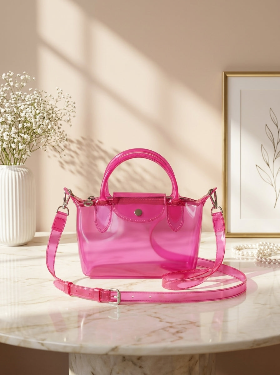 Pink transparent jelly tote with top handles and shoulder strap, front snap pocket