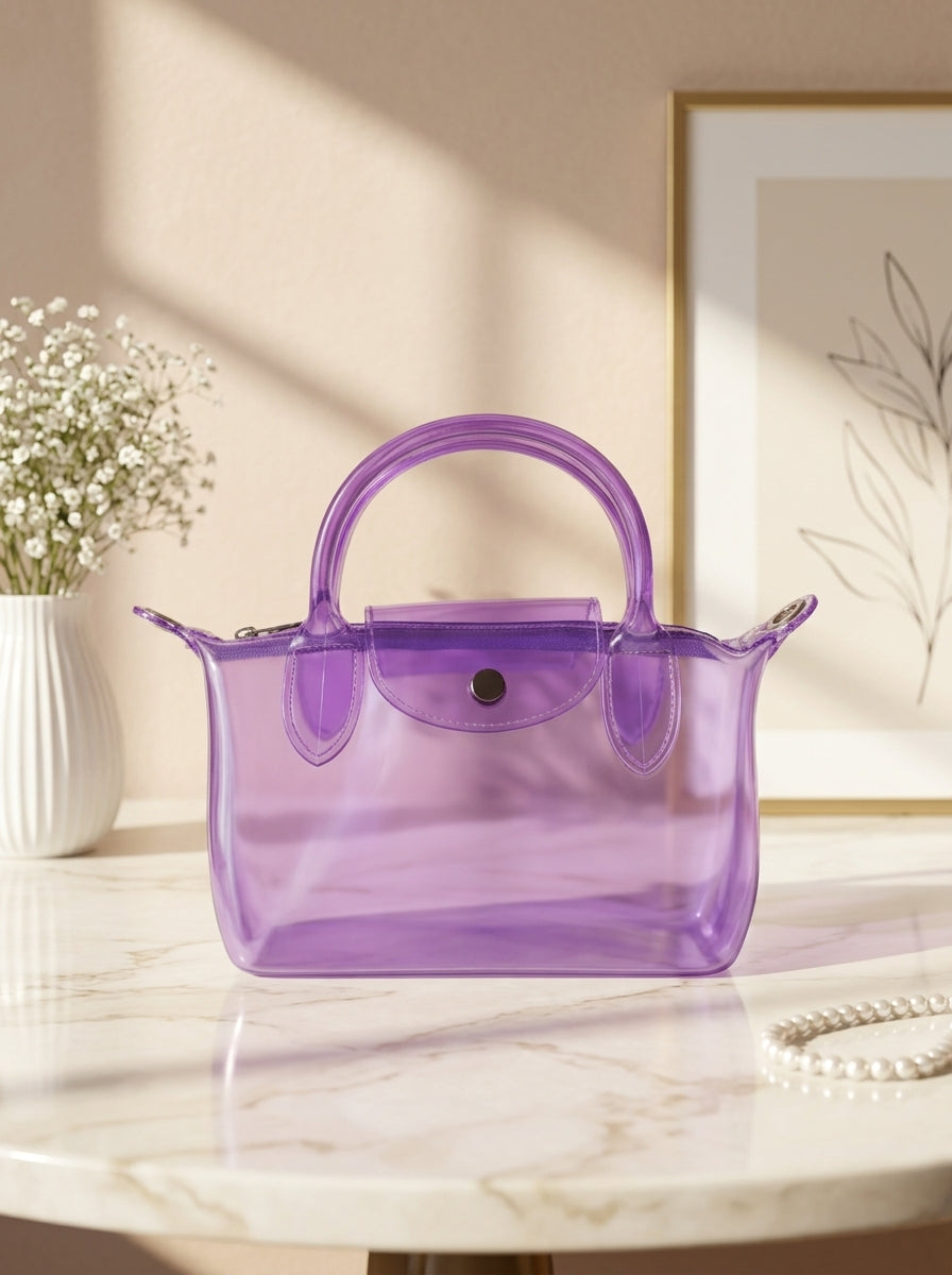 Purple transparent jelly tote bag with double top handles and front snap pocket