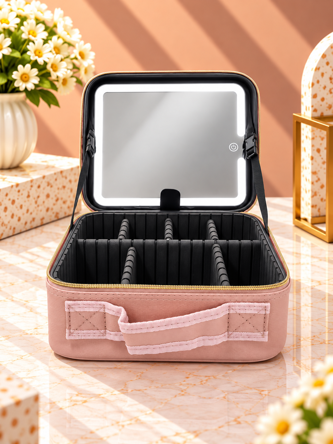 Rose-pink lighted makeup organizer case with open lid, LED panel, and black compartments