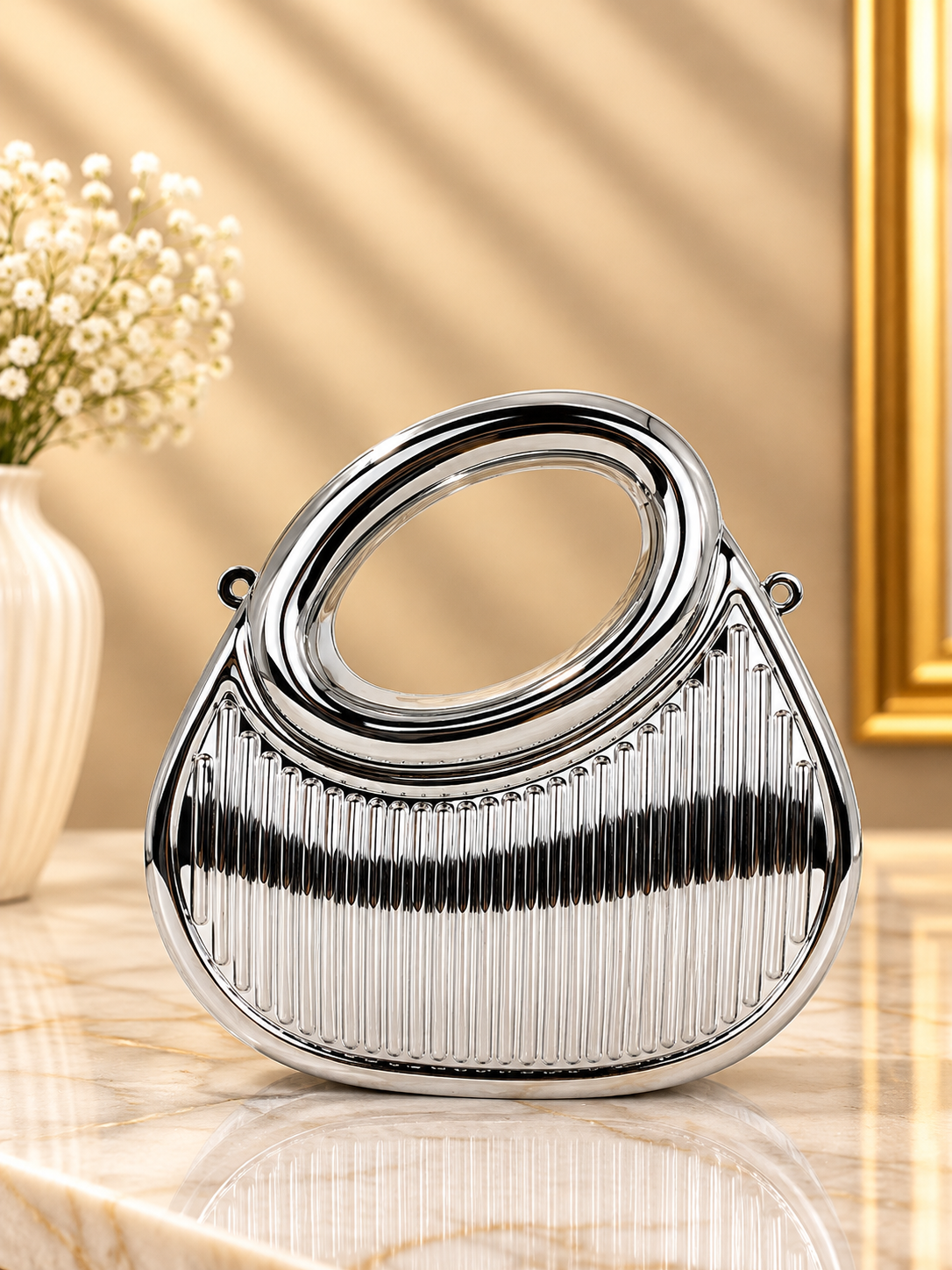 Silver pleated metallic evening handbag with oval top handle and chain shoulder strap