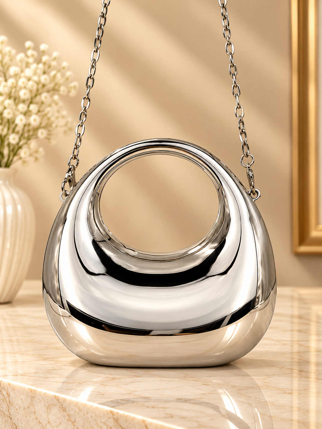 Silver metallic crescent evening handbag with glossy mirror finish and silver chain straps