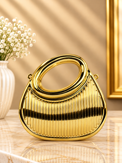 Gold pleated metallic evening handbag with oval top handle and shoulder chain strap