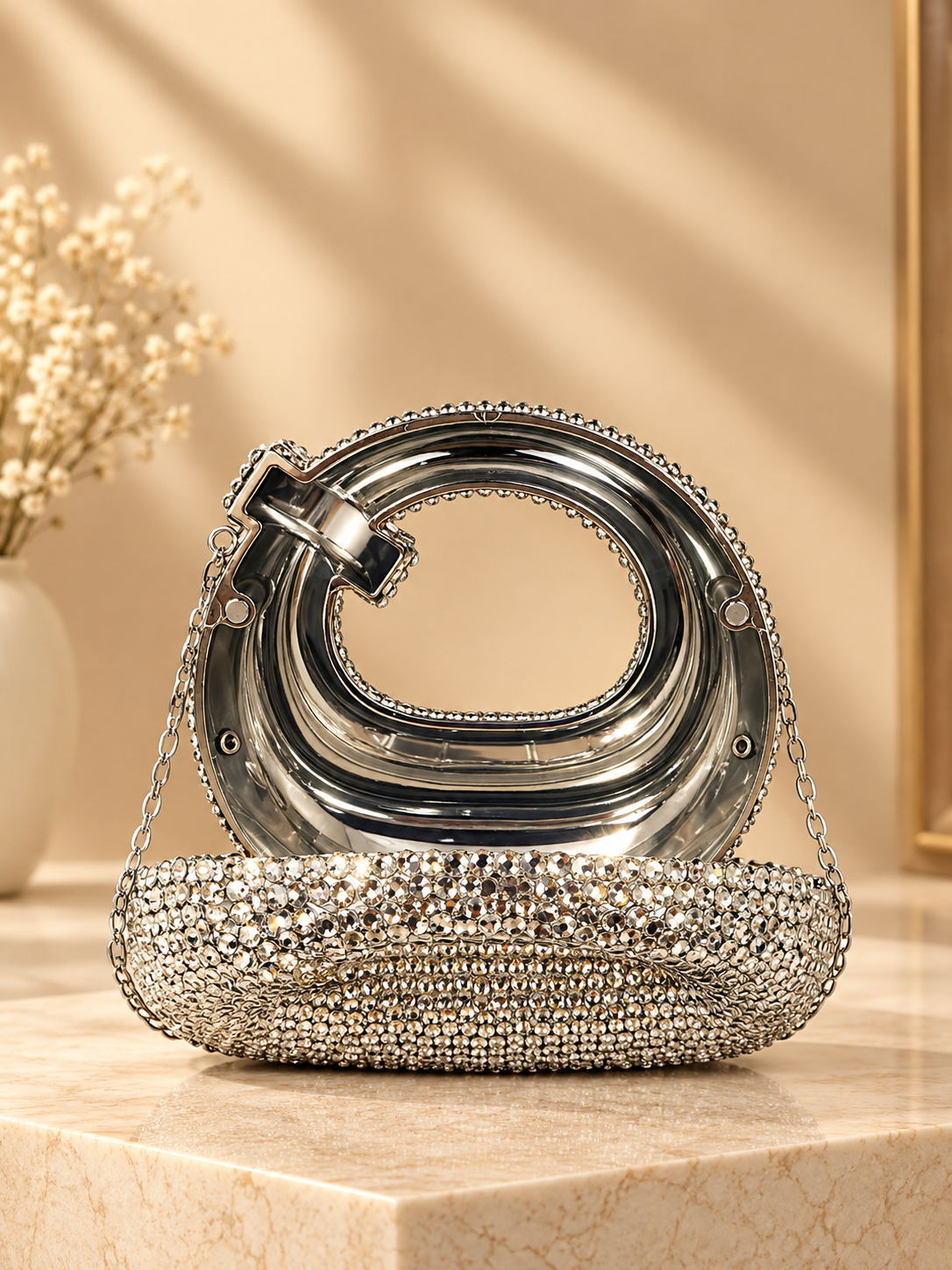 Silver crystal shoulder evening bag with hinged knotted handle and chain strap