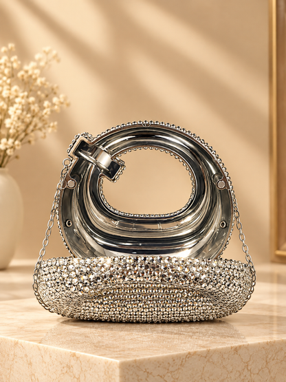 Silver crystal shoulder evening bag with hinged knotted handle and chain strap