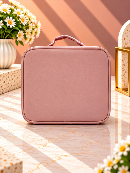 Rose-pink lighted makeup organizer case with carry handle and zip closure