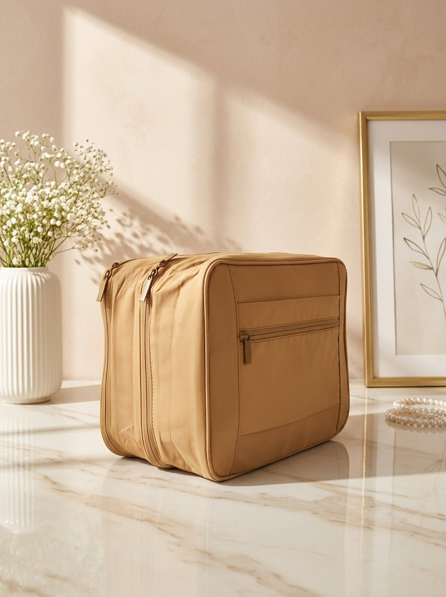 Brown waterproof travel beauty organizer with zip compartments and side pocket