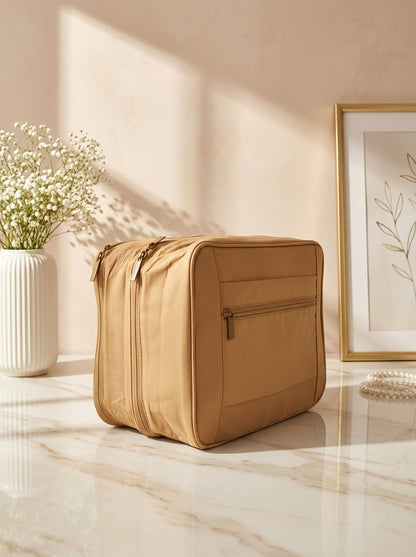 Brown waterproof travel beauty organizer with zip compartments and side pocket