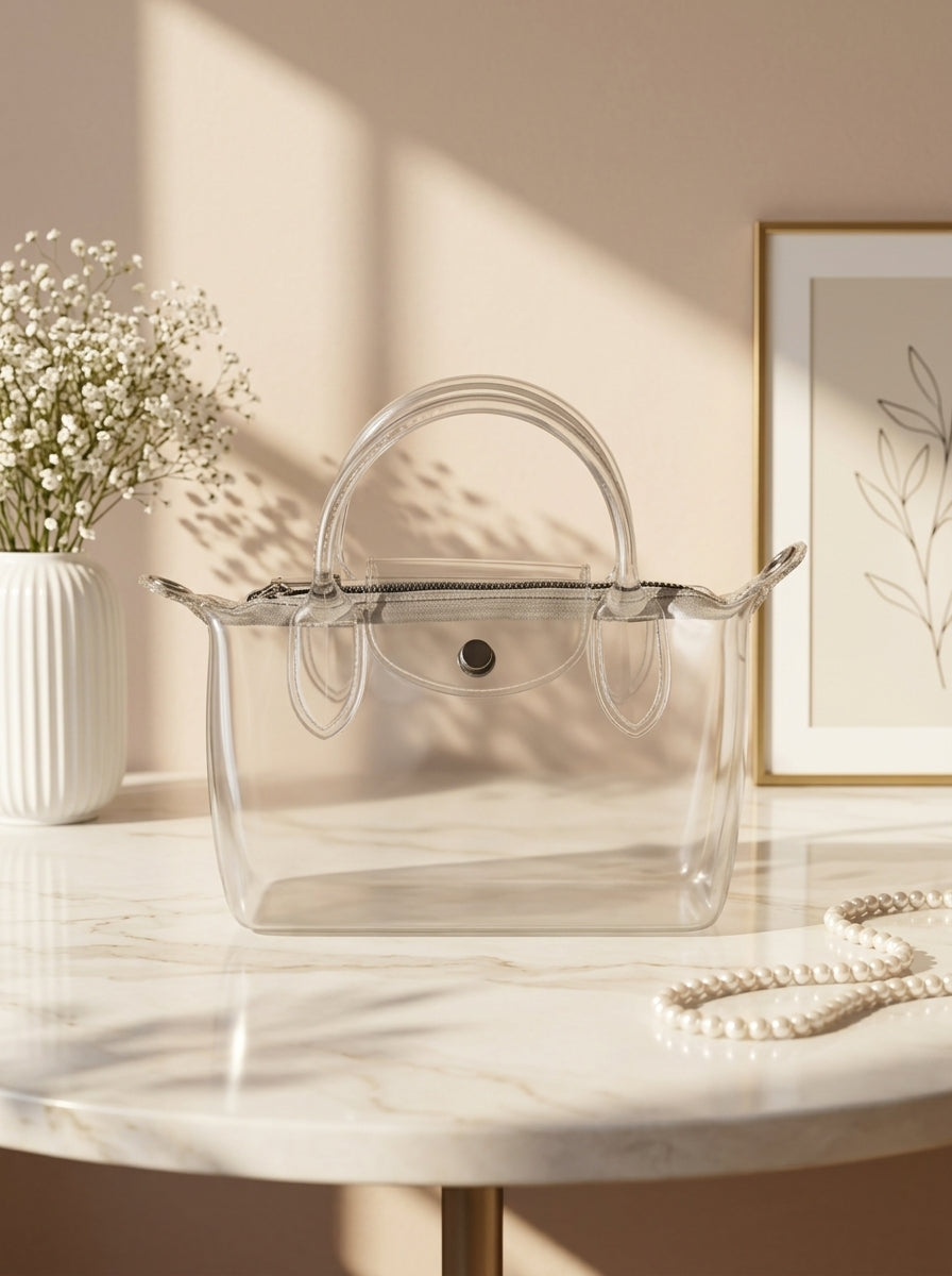 Silver transparent jelly tote bag with double top handles and front snap pocket