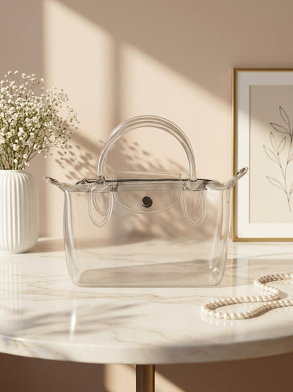 Silver transparent jelly tote bag with double top handles and front snap pocket