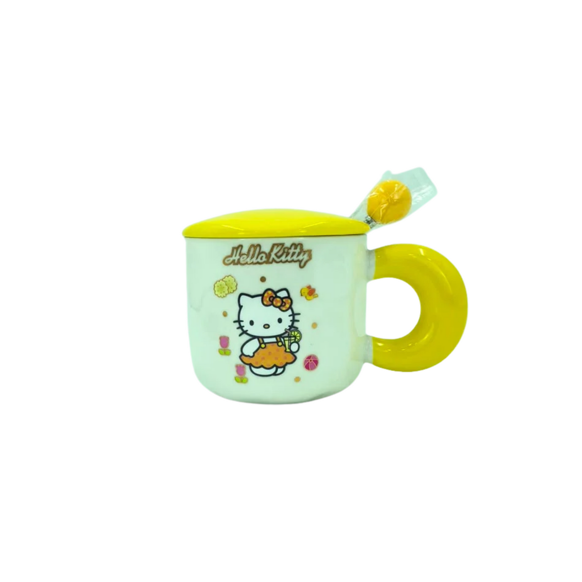 Ceramic coffee mug with yellow lid and spoon, mint body, Hello Kitty print and yellow handle.