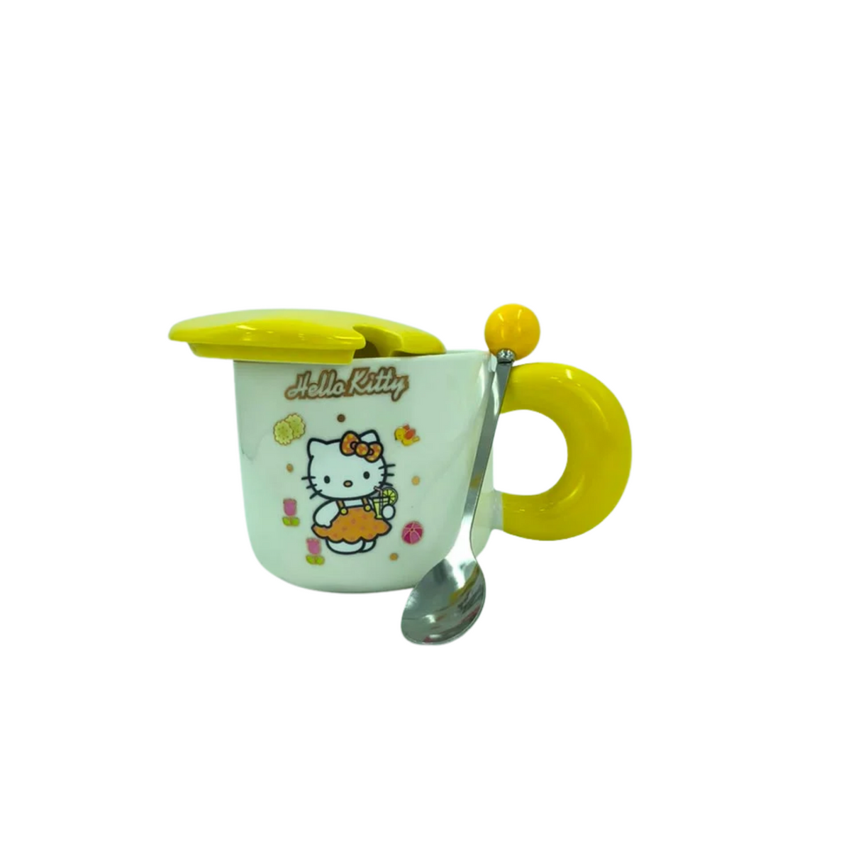Ceramic coffee mug with yellow lid and handle, mint body, Hello Kitty print, includes spoon.