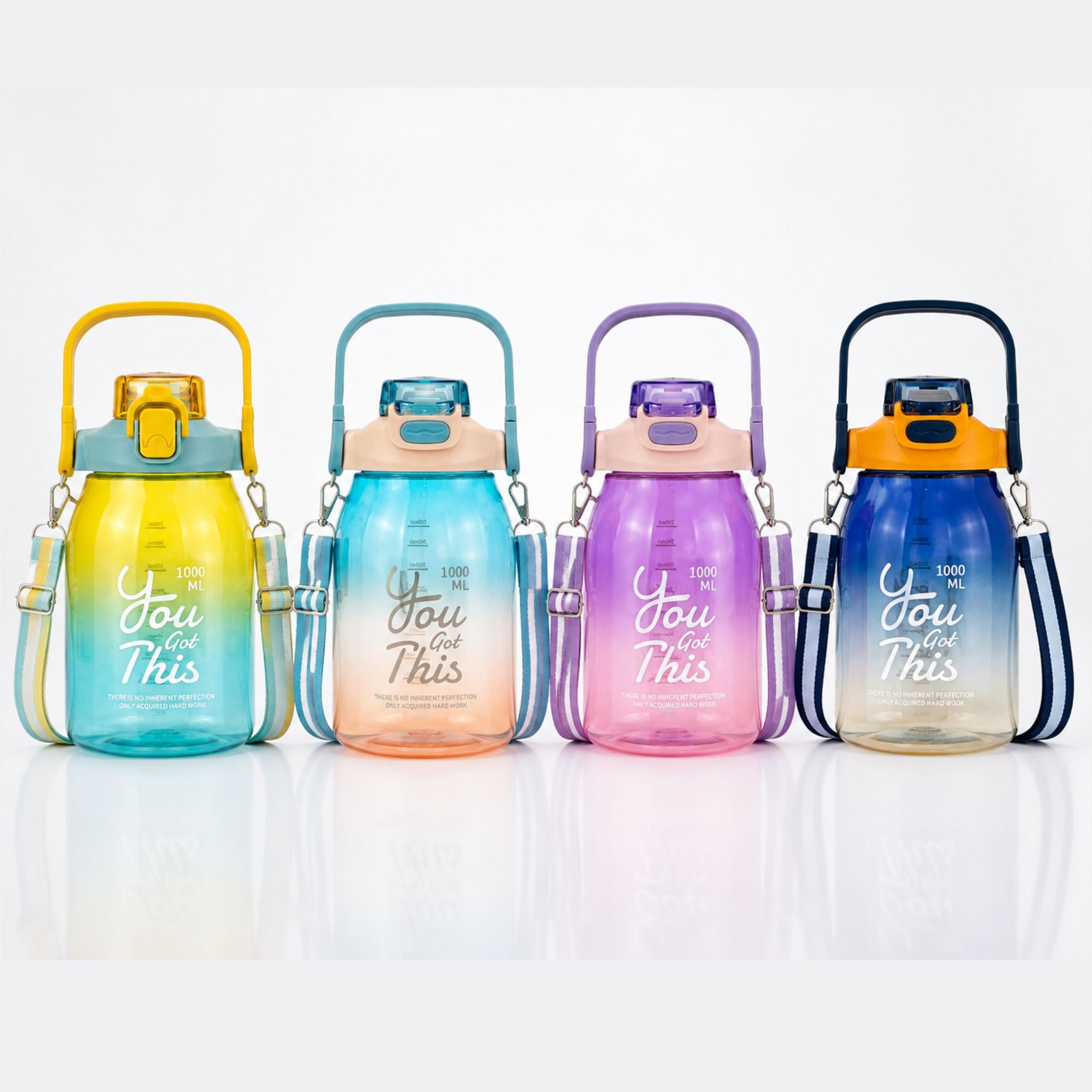 Set of four 1L gradient water bottles in yellow, aqua, purple, and navy with straps.