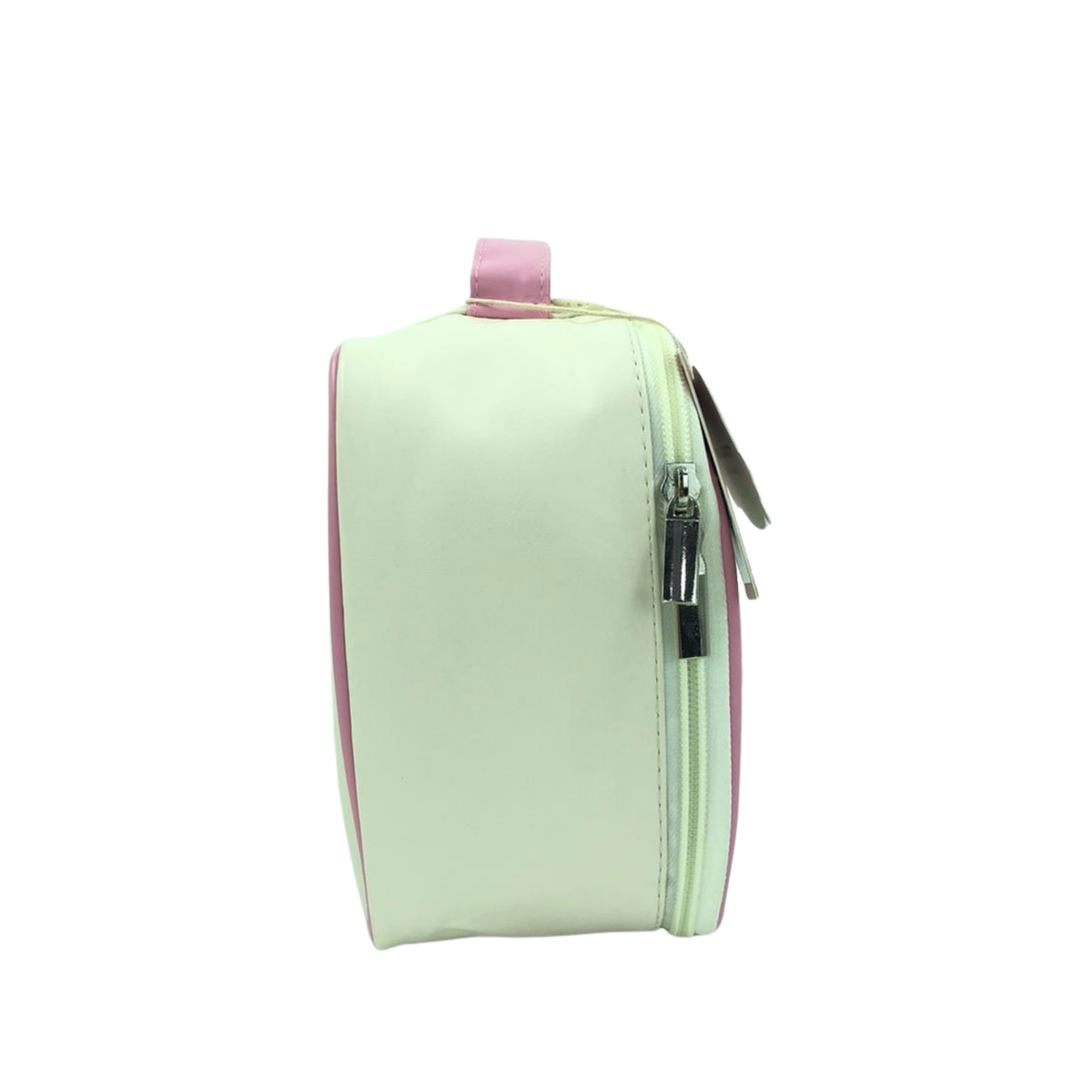 Mint hanging toiletry bag with pink edge trim and side zipper, compact rectangular shape
