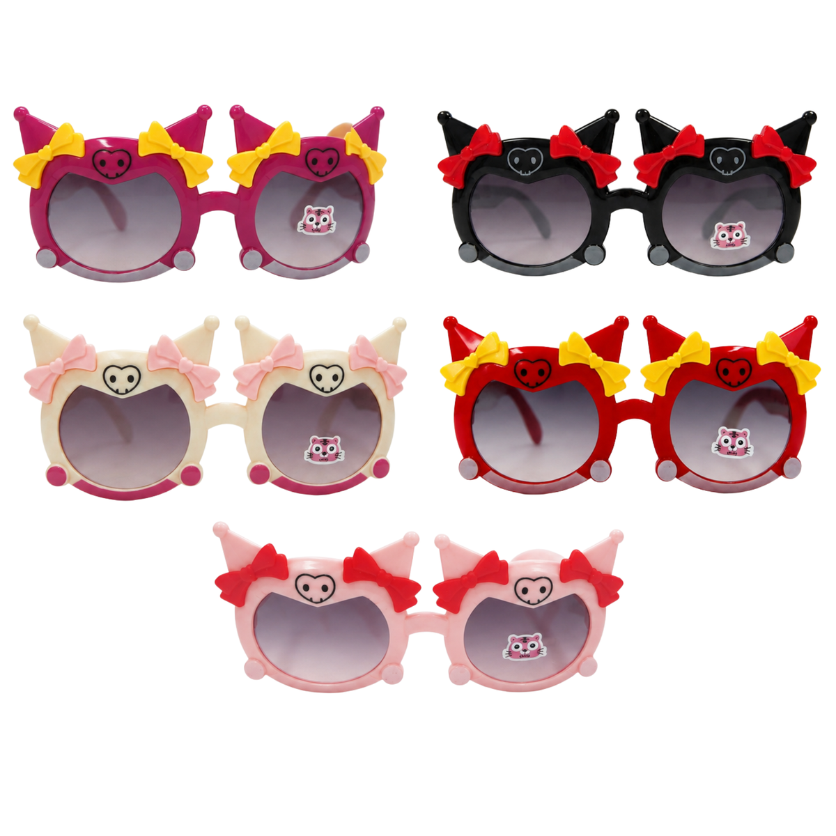 Kids cat-ear party sunglasses set, multiple colors with cartoon cat faces and bows