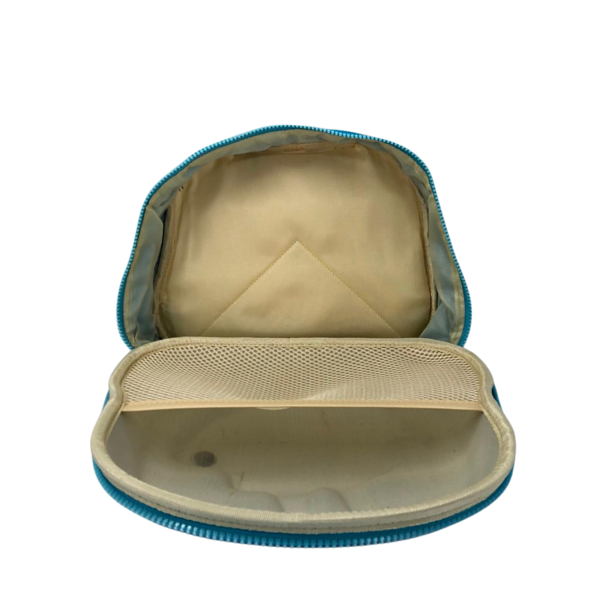 Kids toiletry pouch open with beige lining and blue zipper trim