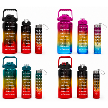 Gradient metallic water bottle set shown in multiple color options, with large and two smaller bottles