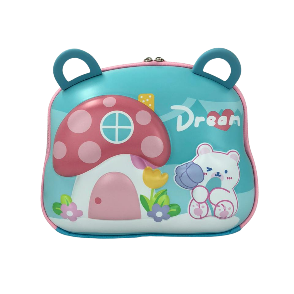 Kids cosmetic bag with teal bear-and-mushroom print, rounded bear ears, and zipper top