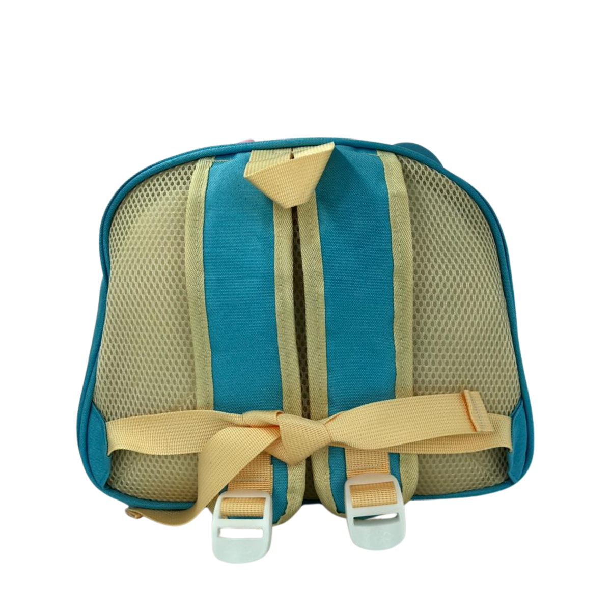 Kids cosmetic bag with blue trim, beige mesh panel, and tan webbing front straps