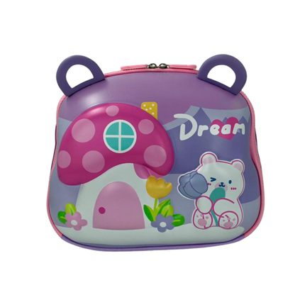 Kids cosmetic bag with purple Dream print and bear face graphic with ear handles