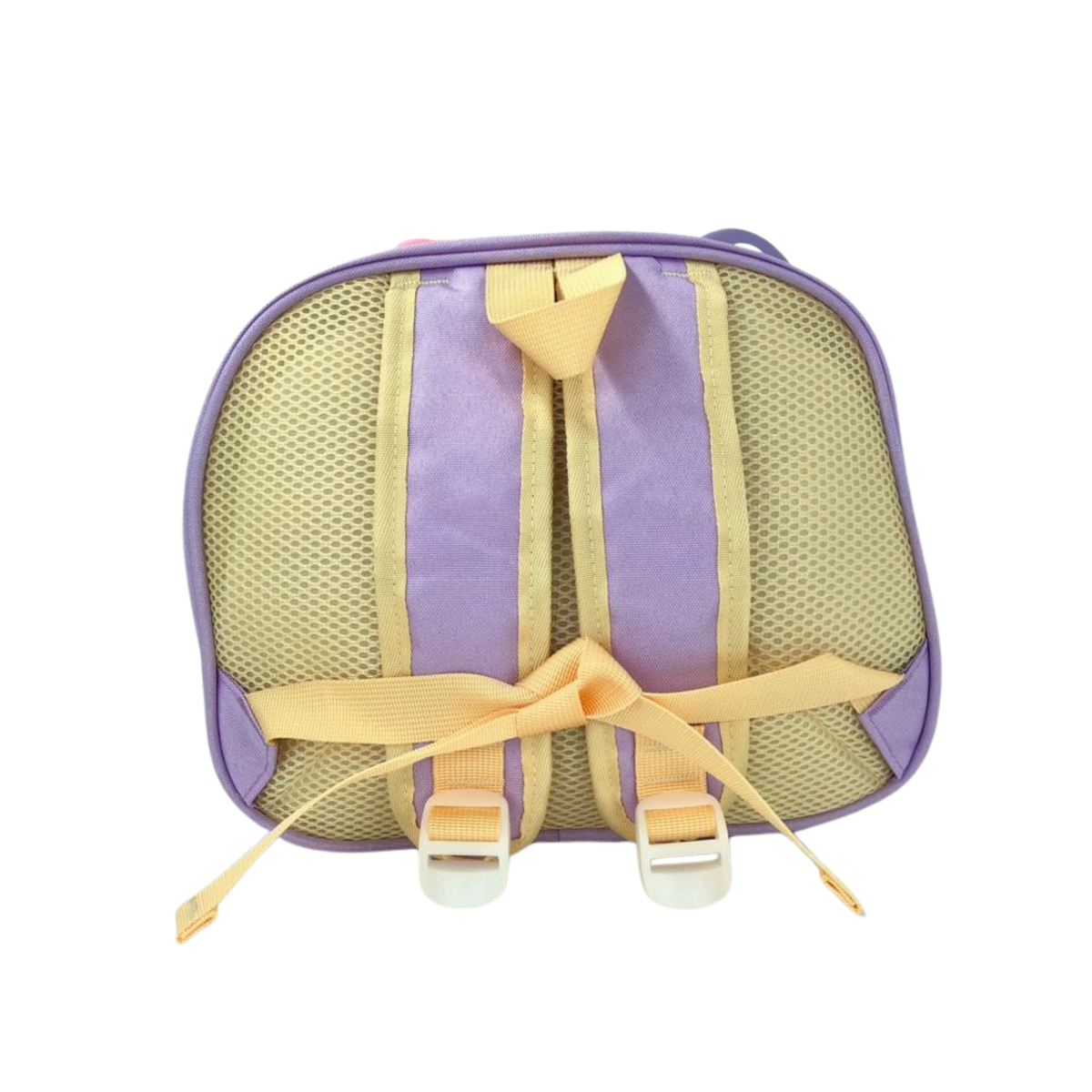 Kids cosmetic bag front view with purple and beige stripes, mesh panel, and tan straps